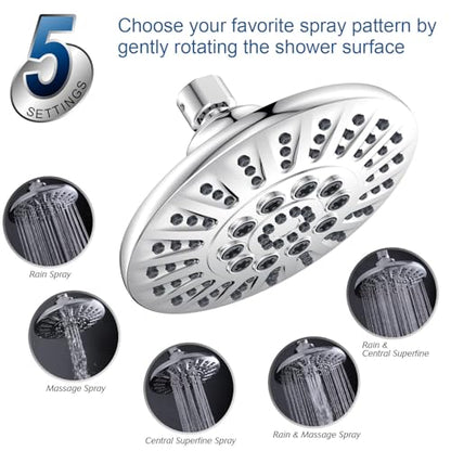 Low Flow High Pressure Replacement Shower Head Screw on,Durable Copper 6 Inch Fixed Showerhead with 5 Spray Modes,Only Detachable Showerhead 360°Rotating Shower Head for RV,Bathroom Essentials