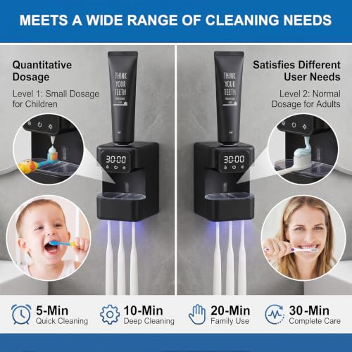 Wall-Mounted Automatic Toothpaste Dispenser, Toothbrush Cleaner with Sensor-Activated Design, Toothbrush Holder with Removable Slots & Smart Display, Toothpaste Dispenser for Kids & Adult (Black2.0) - color: Black2.0