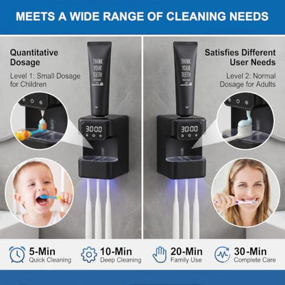 Wall-Mounted Automatic Toothpaste Dispenser, Toothbrush Cleaner with Sensor-Activated Design, Toothbrush Holder with Removable Slots & Smart Display, Toothpaste Dispenser for Kids & Adult (Black2.0) - color: Black2.0