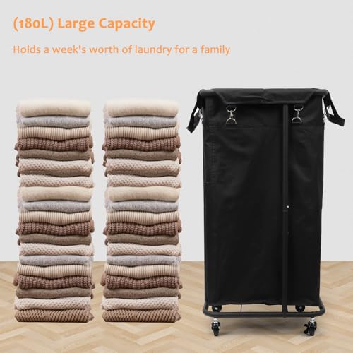 Longzhuo 180L Laundry Hamper with Wheels, Rolling Laundry Basket with Removable Bag and Metal Frame,Large Tall Laundry Hampe for Bedroom,Laundry Room,Hotel Laundry Organization(Black)