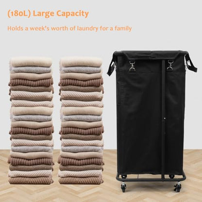 Longzhuo 180L Laundry Hamper with Wheels, Rolling Laundry Basket with Removable Bag and Metal Frame,Large Tall Laundry Hampe for Bedroom,Laundry Room,Hotel Laundry Organization(Black)