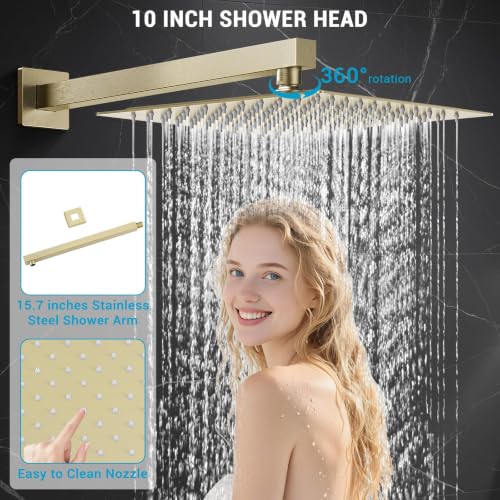 10" Square Rain Shower Faucet Set, Wall Mount, Brush Gold | 304 SS , air tech boosts pressure 50%, dual spray, anti-fingerprint - color: Brush Gold, style: 10''-Wall Mount