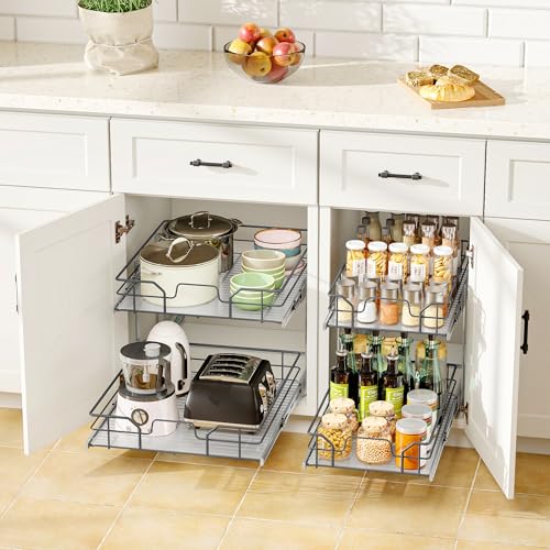 2-Tier Pull Out Cabinet Organizer (11" W x 22" D) | Soft Close Cabinet Slide Out Shelves, Heavy Duty Slide Out Drawers with Shelf Liner for Kitchen Cabinets, Pantry, Bathroom - size: 11"W x 22''D