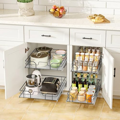 2-Tier Pull Out Cabinet Organizer (11" W x 22" D) | Soft Close Cabinet Slide Out Shelves, Heavy Duty Slide Out Drawers with Shelf Liner for Kitchen Cabinets, Pantry, Bathroom - size: 11"W x 22''D