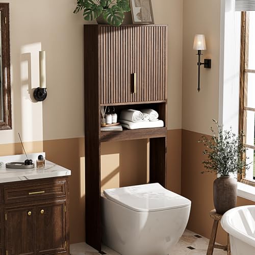VINGLI Over The Toilet Storage Cabinet, Mid Century Modern Bathroom Organizer with Fluted Doors, Freestanding Wooden Space Saver Stand with Adjustable Shelves for Laundry, Dark Walnut - color: Dark Walnut, size: 9.5"D x 23.6"W x 68"H