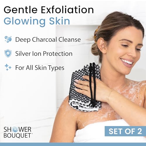SHOWER BOUQUET Japanese-Exfoliating-Washcloth 2-Pack Charcoal & Silver Ion | Exfoliating Towel with Handles | Two-Sided Gentle Exfoliation & Deep Cleansing | Back & Body Wash Cloths for Shower | 2 White - color: 2 Charcoal White, size: 1 Count (Pack of 2)