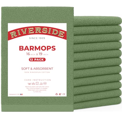 RIVERSIDE Bar Mop Towels Pack of 12, 16x19 Inches, 100% Ring Spun Cotton Terry Cloth Kitchen Towel, Highly Absorbent & Reusable Multipurpose Cleaning Rags for Bathroom, Hotel, Restaurant, Sage Green - color: Sage Green, size: Bar Mop (PK 12)