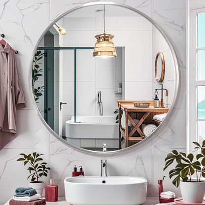 34inch Sliver Round Mirror,Aluminum Brush Framed,Wall Mounted Vanity Mirror,5MM Copper Free Mirror - size: 34"L x 34"W