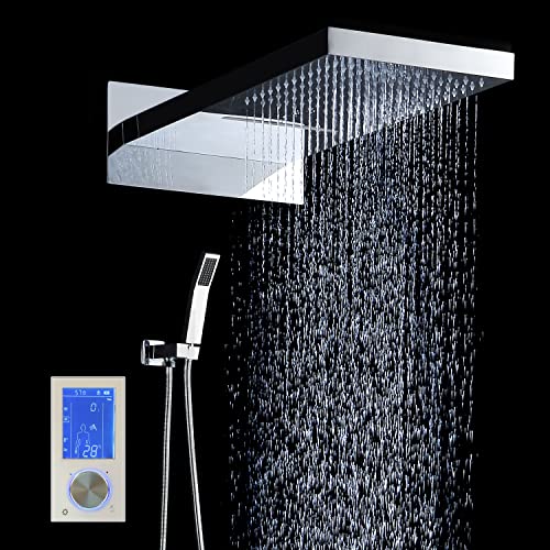 Cascada Luxury 22" Rectangular Wall Mounted Thermostatic LED Shower System With LCD Touch Screen, 3-Mode Functions (Rainfall, Waterfall and Handheld) (LED, Oil Rubbed Bronze)
