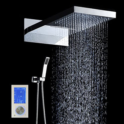 Cascada Luxury 22" Rectangular Wall Mounted Thermostatic LED Shower System With LCD Touch Screen, 3-Mode Functions (Rainfall, Waterfall and Handheld) (LED, Oil Rubbed Bronze)