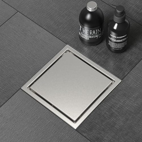 ELLO&ALLO 6 Inch Square Shower Drain Floor Drain with Flange Reversible 2-in-1 Cover Tile Insert Grate Removable SUS304 Stainless Steel in Brushed Nickel - color: Brushed Nickel, size: 6 Inch Tile insert Cover