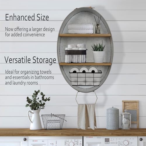 Oakrain Towel Rack with Wood Wall Shelves, Farmhouse Galvanized Wash Tub | Rustic Towel Holder, Decorative Hanging Shelf for Bathroom, Lavatory, Entryway - size: O-Oval