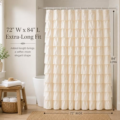 Beige Ruffle Shower Curtain for Bathroom, 72x84 inch, Elegant Ruffled Panel | Ruched Fabric Texture, Cascading Waterfall Ruffles, Extra-Long 72 X 84, 12 Hooks Included, Machine Washable, Opaque Rustic - color: Beige, size: 72"W x 84"L (Pack of 1)