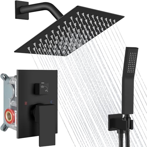 Midanya Shower Faucet Set with Handheld Sprayer,8 Inch,Matte Black | Rough-in Shower Valve and Trim Kit Included,Square Rain Head,Wall Mount Shower System,All Metal,Bathroom - color: Black, size: 8 Inch