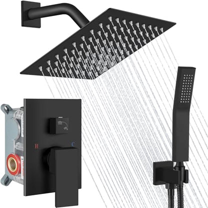 Midanya Shower Faucet Set with Handheld Sprayer,8 Inch,Matte Black | Rough-in Shower Valve and Trim Kit Included,Square Rain Head,Wall Mount Shower System,All Metal,Bathroom - color: Black, size: 8 Inch