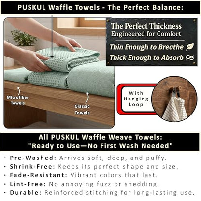 PÜSKÜL Natural 100% Turkish Cotton Waffle Towels Set of 4-Piece, Ice Green | 2-Bath sheet (Extra-large 32x63") and 2-Hand towel (Large 32x16"). Premium honeycomb-waffle weave, oeko-tex made in Turkiye. - color: Ice Green