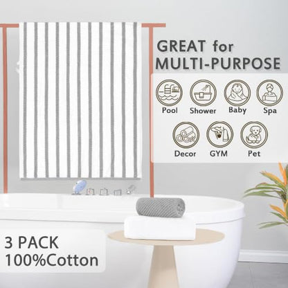 VOOVA & MOVAS Stripe 3PC Towel Set, 100% Cotton, Grey | 1 Stripe Large Bath 30x54 In,1 White Hand 18x28 In,1 Grey Washcloth 13x13 In, Quick Dry, Thick, Dorm Room Essentials - color: Grey+white Stripe, size: 3 PC Bathroom Towel Set
