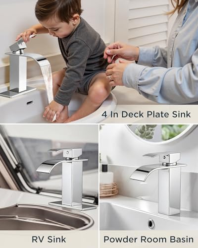 FORIOUS Bathroom Faucet 1 Hole, Waterfall Vanity Sink Faucet Chrome | Bathroom Sink Faucet 1 or 3 Hole, Square Single Handle with 24" cUPC Supply Line and Pop-up Drain, Fits RV Restroom Basin - color: Chrome