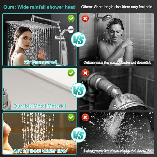 All Metal 12 Inch Rain Shower Head with Handheld Spray Combo, High Pressure Waterfall Rainfall Square Shower Heads with 16" Adjustable Extension Arm, Dual Showerhead with 3-Way Diverter,Brushed Nickel - color: Brushed Nickel, size: 12 Inch