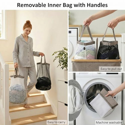 efluky Laundry Hamper with Lid, Double Laundry Basket with 2 Removable Bags, 2 Section Laundry Bin with Bamboo Handles for Bathroom, Bedroom & Laundry Room, 140L (36.9 Gallon) Brown - color: Brown, size: 140L Dual
