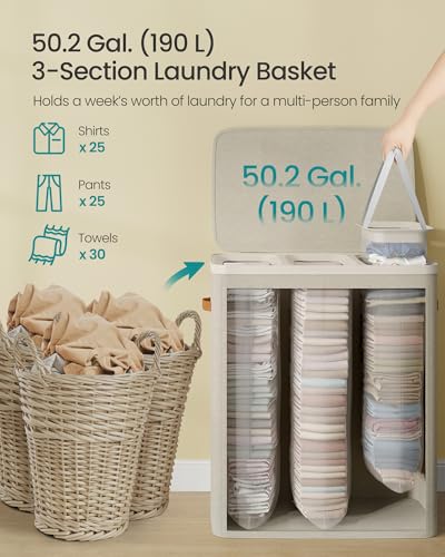 SONGMICS Laundry Basket, 50.2 Gal. Laundry Hamper, 3 Compartments, Easy Assembly, with Lid and Handles, Removable Liners, 25.2 x 15.7 x 29.5 Inches, Cappuccino Beige ULCB814LH01 - color: Cappuccino Beige, size: 190 L (3-Section)