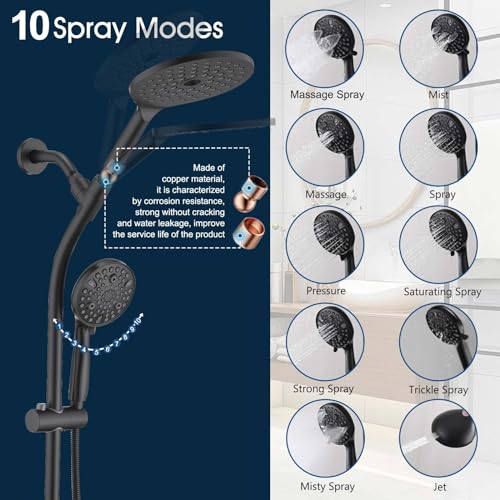 High Pressure Shower Head with Handheld Shower, 26" Adjustable Height Drill-Free Slide Bar, 3-Way Diverter for Easy Reach, Dual Shower Head Combo Set with 5ft Hose - Matte Black - color: Matte Black