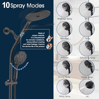 High Pressure Shower Head with Handheld Shower, 26" Adjustable Height Drill-Free Slide Bar, 3-Way Diverter for Easy Reach, Dual Shower Head Combo Set with 5ft Hose - Matte Black - color: Matte Black