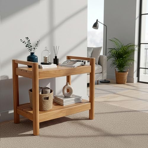 Asta Select Solid Teak 26" Shower Bench with Arms, Portable Teak Wood Spa/Shower/Outdoor Bench with Storage Shelf, Accent Side Table, Fully Assembled, ST-62A