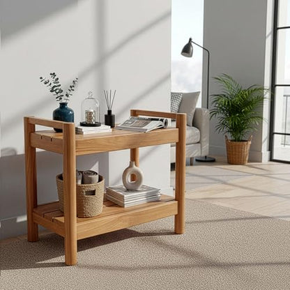Asta Select Solid Teak 26" Shower Bench with Arms, Portable Teak Wood Spa/Shower/Outdoor Bench with Storage Shelf, Accent Side Table, Fully Assembled, ST-62A