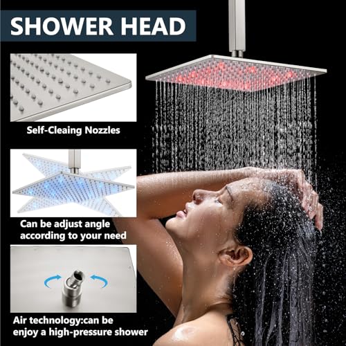 Aolemi Ceiling Shower Faucet Set with Handheld 10" LED Head Brushed Nickel | Handheld Spray,10 Inch Rain LED Head,Shower Valve and Trim Kit,All Metal,Ceiling System,Bathroom Mixer - color: Nickel, size: 10 Inch LED Shower Head