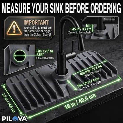 Premium Kitchen Sink Splash Guard – 16" x 5.7" Silicone Faucet Mat with Secure Pressure Clip, True 10° 3D Drainage(No Pooling), Anti-Lift Design, Flexible Leak-Sealing Ring, Non-Slip Fit Behind Faucet - size: 16" x 5.7"