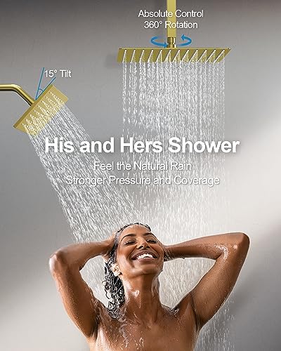 Shower Faucet Set with Handheld Spray, Brushed Gold | 12" Ceiling Mount SUS304 Rainfall Shower Head System, 6" Side Head, 3-Function Thermostatic Valve Trim Kit, All Metal - color: Brushed Gold