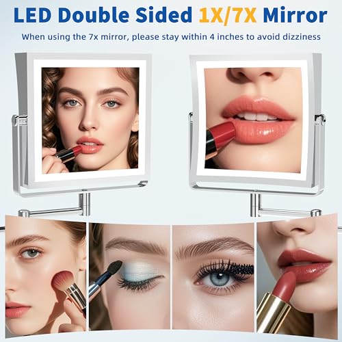 Ruacq Wall Mounted Makeup Mirror with Lights 1X/7X Dual Sided Chrome | 8",4000mAh Rechargeable,Magnification,3 Color,Touch Screen Dimmable,360° Rotation Extension Foldable Arm, Square, Women Gift - color: Chrome