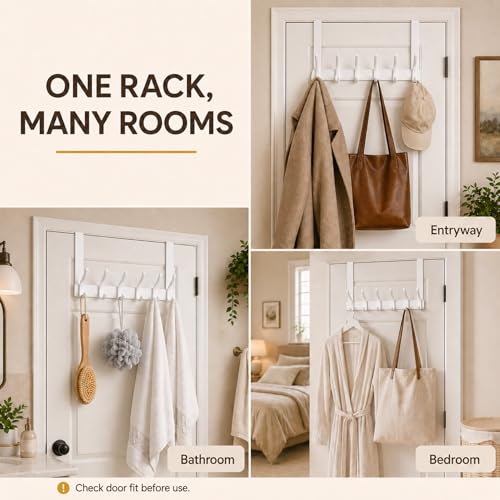 Peasulin 2 Pack Over The Door Hooks, Sturdy Door Hanger, Large Over The Door Towel Rack with 12 Hooks, Heavy Duty Easy to Install, for Bathroom, Bedroom，Kitchen，Hanging Towels, Coats (White) | for 1-3/4" Doors, 7.4" Arms, 6 Double Hooks with 12 Hanging Po