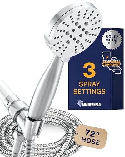 HammerHead Showers® Solid Metal 3-Spray Handheld Shower Head with Long Hose and Holder - CHROME - WIDE, MASSAGE, and MIST Sprays - 1.8 GPM Low Flow Handheld Showerhead - Water Saving Shower Head - color: Polished Chrome, size: 1.75 GPM California