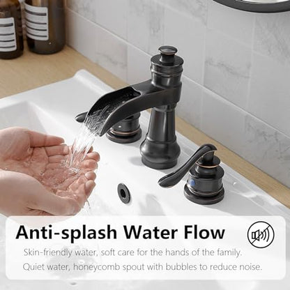 Bathroom Sink Faucet Waterfall 3 Hole or 8 Inch Widespread Tap | Oil Rubbed Bronze,Brass,Dual Handle,Easy to Clean,Simple Installation,Pop-up Drain,Supply Line,Control of Hot and Cold Water - color: Oil Rubbed Bronze