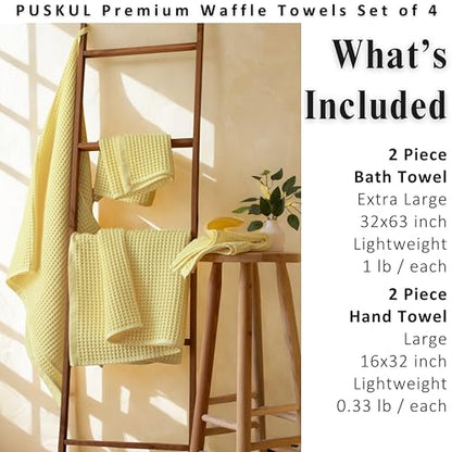 PÜSKÜL Natural 100% Turkish Cotton Waffle Towels Set of 4-Piece, L.-Yellow | 2-Bath sheet (Extra-large 32x63") and 2-Hand towel (Large 32x16"). Premium honeycomb-waffle weave, oeko-tex made in Turkiye. - color: Light Yellow