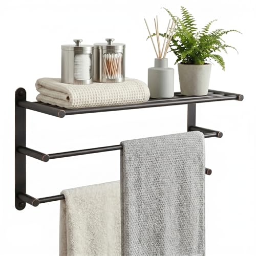 Bathroom Towel Rack Wall Mounted: 24 Inch Oil Rubbed Bronze Towel Rack with Double Towel Bar - SUS304 Stainless Steel Bath Towel Holder with Shelf for Hotel Lavatory - color: Oil Rubbed Bronze