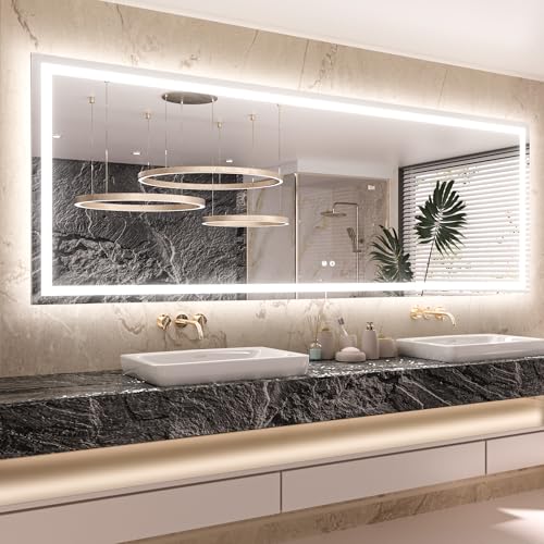 Keonjinn 84x32 Inch LED Bathroom Mirror with Light, Effortless Installation | HD Tempered Grass, Frontlit & Backlit，3-Color Temperature & Stepless Dimmable Lighting, Fast & Safe Defogging - size: 32"L x 84"W