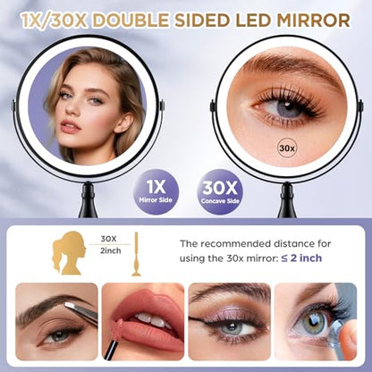 30X Magnifying Mirror with Lights-Matte Black 8" Dual Sided | (1X/30X) Lighted Makeup Mirror, 360° Swivel, 5000mAh Rechargeable Side Touch & Side Charging, 3 Colors & Dimmable Brightness - color: Matte Black