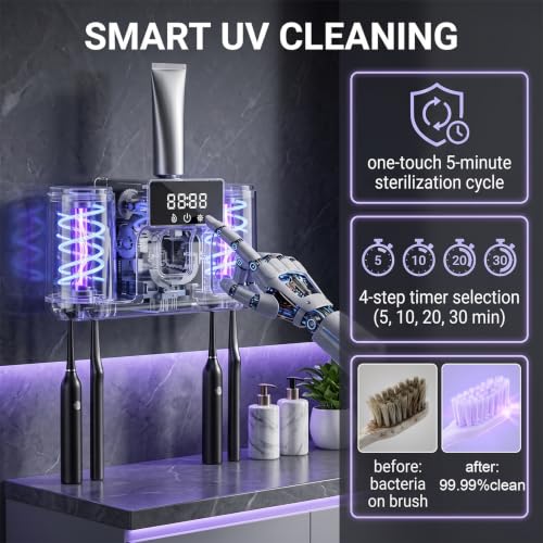 Smart Toothbrush Holder with Automatic Toothpaste Dispenser, Rechargeable Toothbrush Storage Rack with Toothbrush Holder and Mouthwash Cup, Digital Display, Designed for Home Bathrooms (White) - color: White