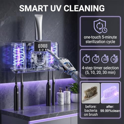 Smart Toothbrush Holder with Automatic Toothpaste Dispenser, Rechargeable Toothbrush Storage Rack with Toothbrush Holder and Mouthwash Cup, Digital Display, Designed for Home Bathrooms (White) - color: White