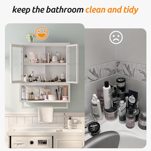 Bathroom Wall Cabinet with 2 Glass Door, Bathroom Medicine Cabinet with Towels Bar and Shelves, Over The Toilet Storage Cabinet, Metal Wall Mounted Cabinet for Kitchen (Upgraded White) - color: Upgraded White
