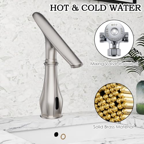 Touchless Bathroom Sink Faucets, Brushed Nickel Bathroom Faucet Single Hole, Automatic Motion Sensor Battery Operated with Cover Plate and Mixing Valve for Commercial and Home - color: Brushed Nickel