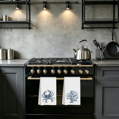 Coastal Kitchen Towels Set of 4, Crab Coral Sea Turtle Starfish Decorative Waffle Weave Dish Towel Hand Towel Tea Towels for Kitchen Bathroom Home Decor