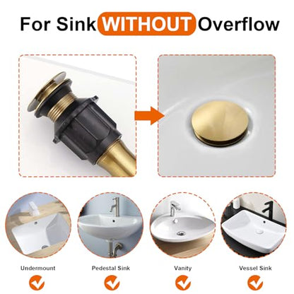 Bathroom Sink Drain Without Overflow, Brushed Gold Bathroom Sink Stopper for Vanity Vessel Sink, Rapid Draining Stainless Steel Pop Up Drain with Hair Catcher Anti-Clog Strainer - color: Brushed Gold