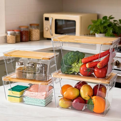 2 Large and 2 Small Pantry Organizers and Storage with Bamboo Lids, Stackable Clear Bins for Onion, Potato, Fruit, Vegetables, Trash Bag Dispenser, Kitchen and Under Sink Organizer - size: 4 Pack (2 Large + 2 Small)
