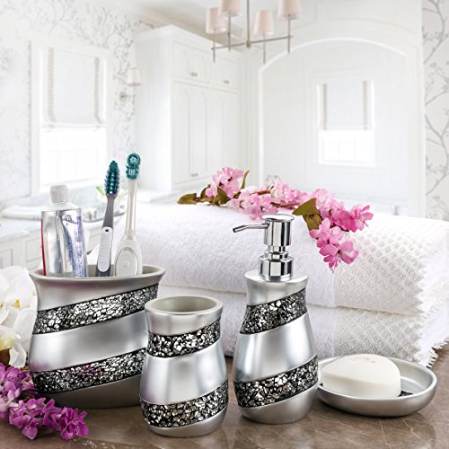Creative Scents Mosaic Glass 4 Pc. Silver Resin Bathroom Accessories Set | Includes Soap Dispenser, Toothbrush Holder, Tumbler Cup & Soap Dish