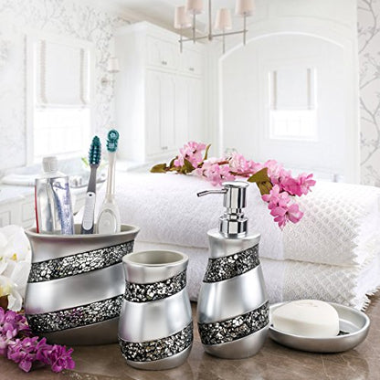 Creative Scents Mosaic Glass 4 Pc. Silver Resin Bathroom Accessories Set | Includes Soap Dispenser, Toothbrush Holder, Tumbler Cup & Soap Dish