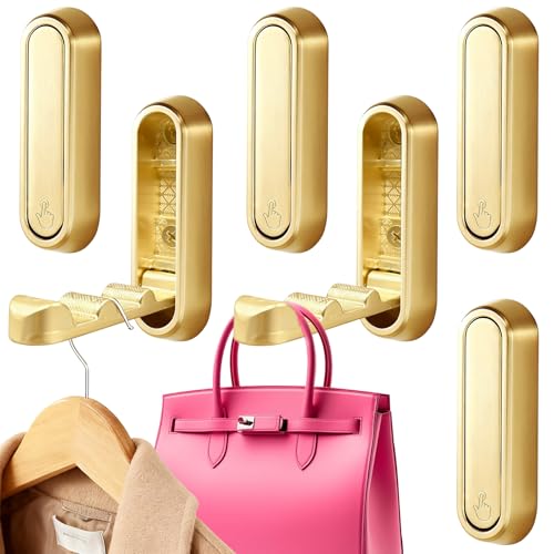 6 Pack Folding Wall Hooks – Heavy Duty Gold Coat Hooks, Foldable Zinc Alloy Wall Mount Hooks for Hanging Coats, Hats, Towels, Bags, Keys, Robes, Christmas Socks & Wreaths – Holds up to 55 lbs - color: Gold 6 Pack
